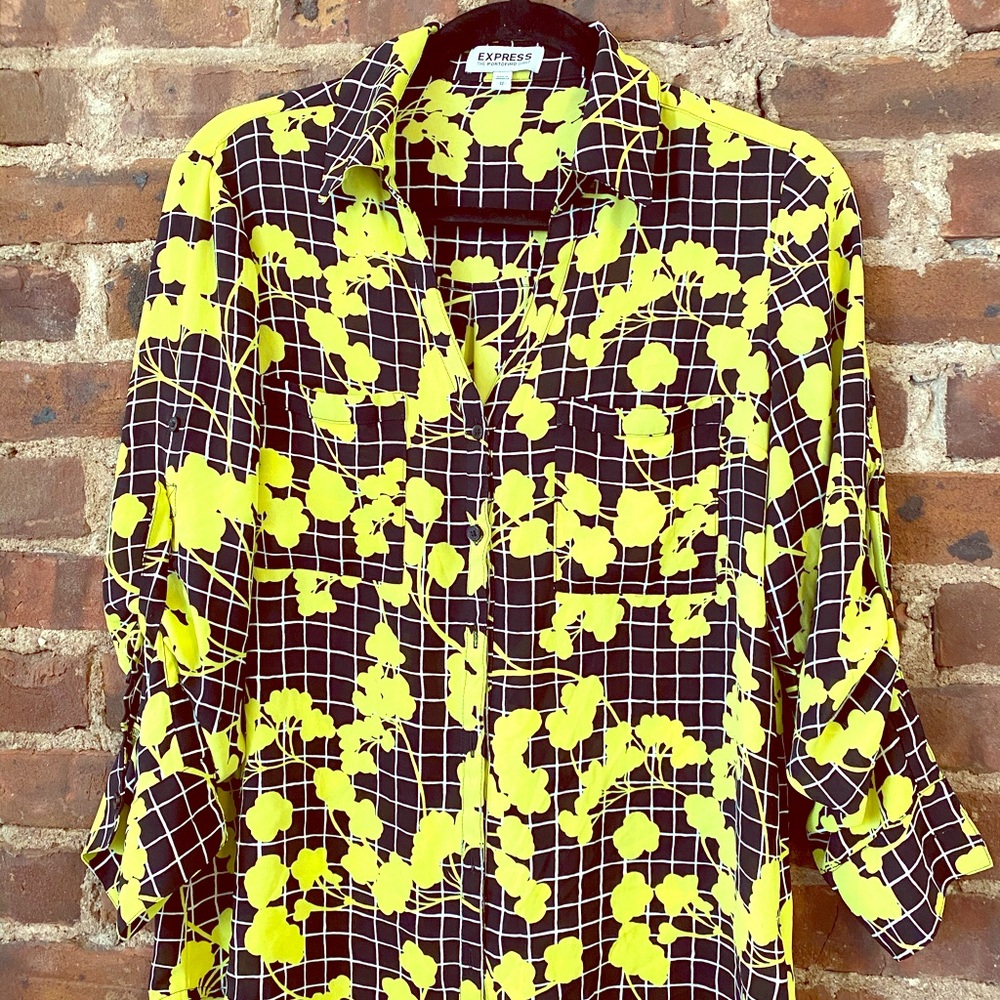 Express Black and Yellow Floral Grid Button-Up Blouse